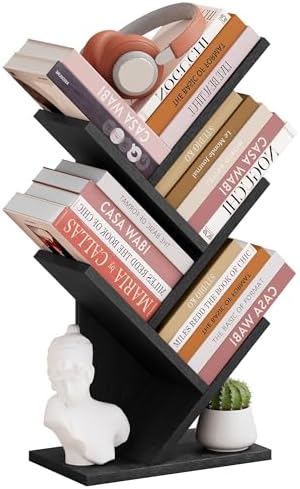 Hoctieon 4 Tier Tree Bookshelf, 4 Shelf Bookcase, Free Standing Tree Bookcase, Display Floor Standing Shelf for Books, B