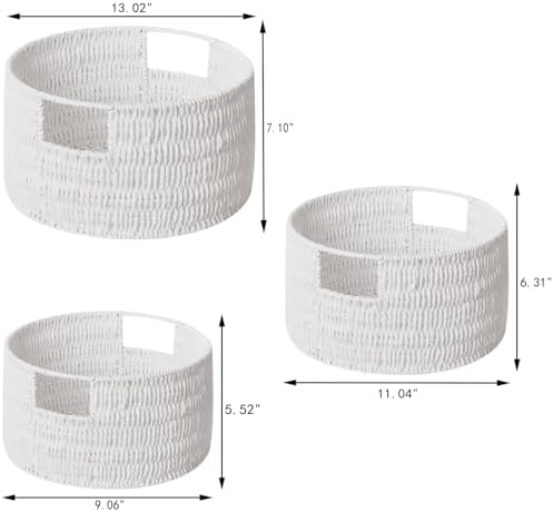 Vagusicc Wicker Storage Basket, Hand-Woven Paper Rope Large Round Woven Basket With Handles, Wicker Baskets for Organizing/Storage, White, 3-Pack