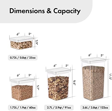 Neoflam Smart Seal 4pc Rectangular Extra Large Airtight Kitchen Pantry Canister/Organizer Clear Plastic Storage Container Set, Simple Twist Lid, 100% Leak Proof, Dishwasher Safe, BPA Free, White