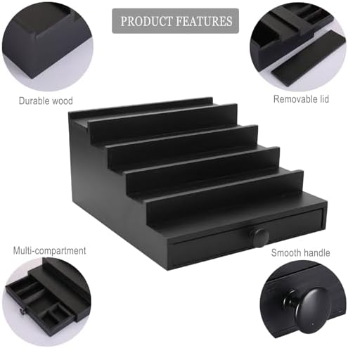 5 Tier Men's Cologne Organizer, Black Wood Display Stand Holder with Drawer