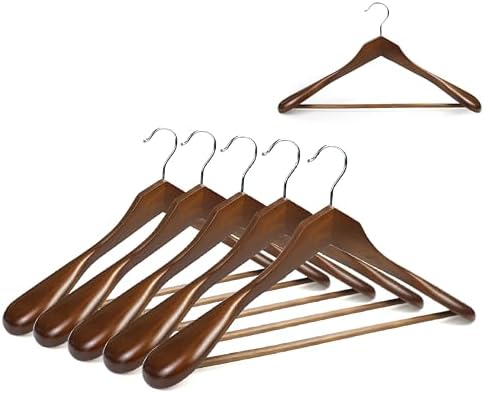 Luxury Wide Shoulder Wooden Suit Hangers with Pants Bar, Solid Wood Jacket Clothes Hangers Smooth Finish for Sweater Dress Pants Sport Coats (Dark Brown, 6 Pack)