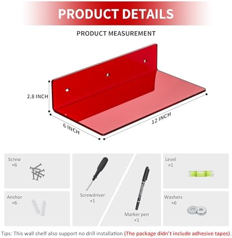 Sezanrpt 12 Inches Red Small Wall Shelves, Acrylic Bathroom Floating Shelves for Living Room, Bathroom, Bedroom, 2 Pack