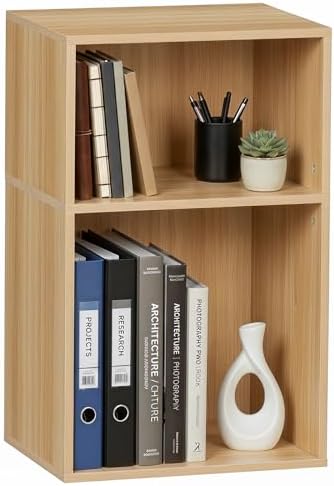 YAHARBO 2 Cube Bookshelf, Natural Record Player Stand with Vinyl Storage Up to 100 Albums, Horizontal Book Shelf, Small 