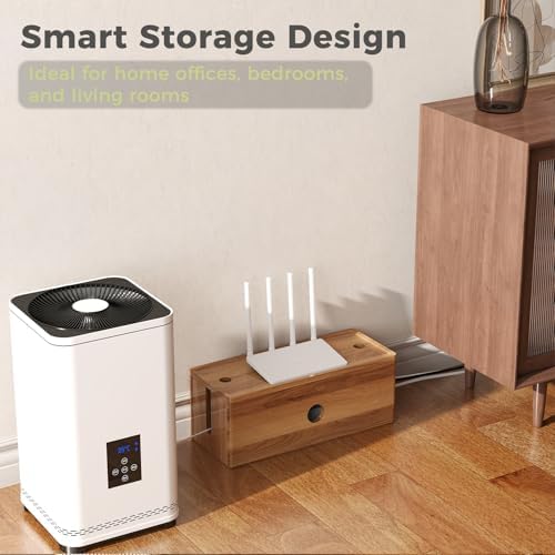 Large Cable Management Box Acacia Wood Cord Organizer Power Strip & Cables