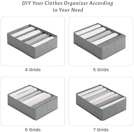 4 Packs Adjustable T-shirt Drawer Organizers for Clothing with 6 Adjustable Dividers, 7 Grids Wardrobe Storage Box, DIY 