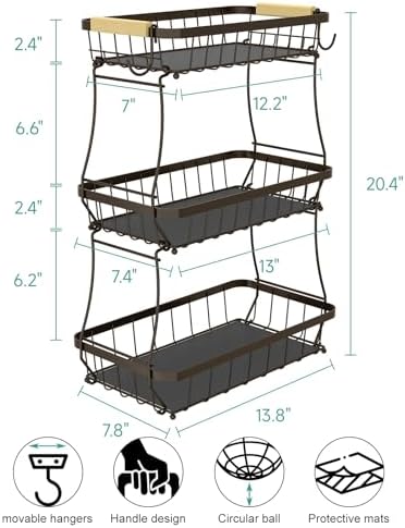 Sevenblue 3-Tier Fruit Basket with Banana Hangers, Detachable Metal Bowl