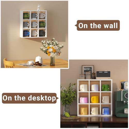 Helsin 9 Grid Vintage Coffee Mug Display Rack, 16inch Wall Mounted Wooden Curio Shadow Box Shelf, Cup Floating Shelves D