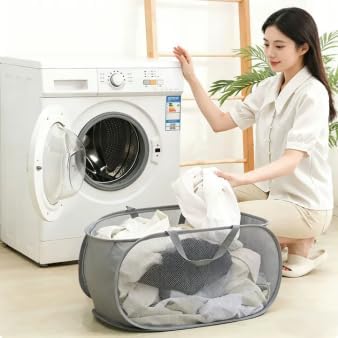 2 Piece Popup Mesh Laundry Basket Durable Handles Collapsible Laundry Baskets Folding Clothes Pastic Hamper for Laundry Room College Dorm (Gray/Navy Blue)