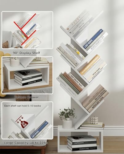 XBurmo 6 Tier Tree Bookshelf - Small Bookcase, Compact Book Tower with Drawer, Corner Bookshelf for Bedroom, Living Room