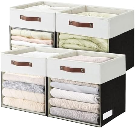 Bagnizer Storage Cubes, 4 Pack Linen Foldable Storage Bins with Clear Window and 2 Handles, 13x15x13 Storage Cube Bins for Shelf Closet, Kallax, Clothes, Books - (Black / Off-White)