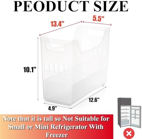 Peohud 3 Pack Freezer Organizer Bins with Wheels, Clear Plastic Pantry Storage Organizer with Handle, Tall Narrow Kitche