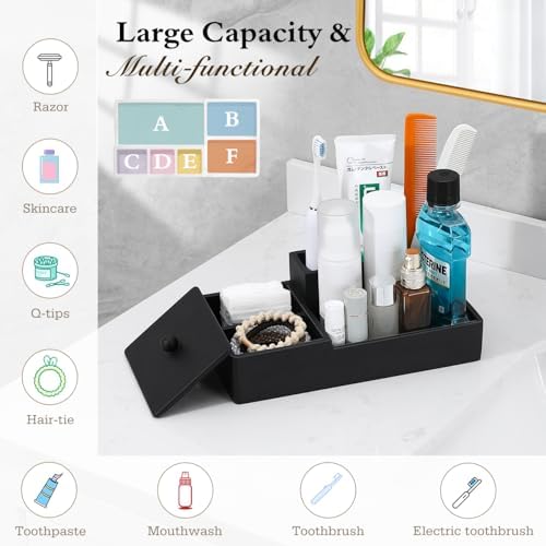 Luxspire Bathroom Counter Organizer with Lid, 6 Slots, Matte Black
