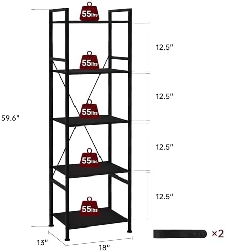 5 Tier Industrial Bookshelf, Storage Organizer, Dark Gray