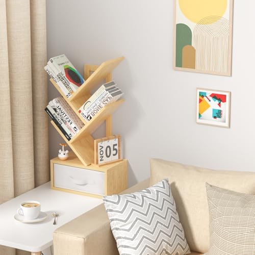 SHEEPAM 4-Tier Tree Bookshelf Small Bookcase with Drawer