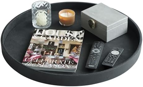 HofferRuffer Large Round Serving Tray 24'', Elegant Faux Leather Circle Ottoman Table Tray, Serve Tea Coffee Breakfast i