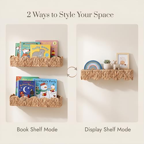 4 Pack Nursery Book Shelves, Scalloped Water Hyacinth Book Shelf for Kids Rooms, Handwoven Floating Book Shelves for Wall, 15.8” Wicker Hanging Bookshelf for Books, Toys, Photo Frames, Nursery decor