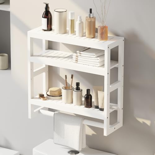 Bathroom Shelves with Hanging Bar Over Toilet Storage - Adjustable Wall Organizer (White)