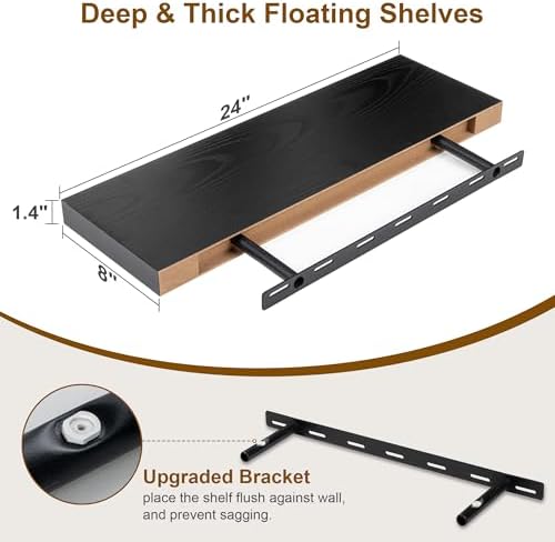 Fun Memories Rustic Black Floating Shelves 24 Inch Long, 8 Inch Deep Floating Shelf, 24 x 8 Wall Shelves Set of 2, Deep 