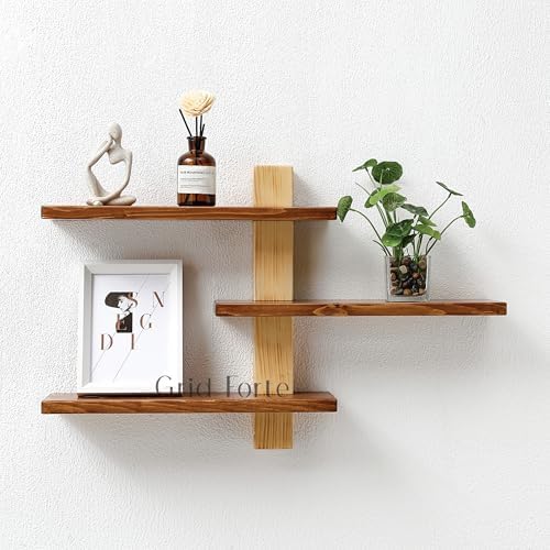 GRID FORTE Wood 3-Tier Floating Shelf, Large Minimalist Wall Shelves