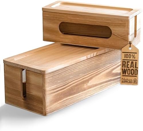 NATURE SUPPLIES Set of 2 Wooden Cable Management Boxes, Large and Medium Cord Organizer to Hide Wires and Power Strips f