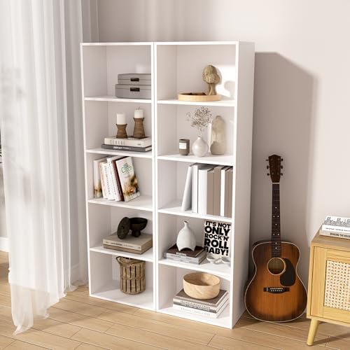 Wooden 5 Cube Storage Organizer, White 5 Tier Bookcase Bookshelf Freestanding Storage Display Organizer, Versatile Cubes