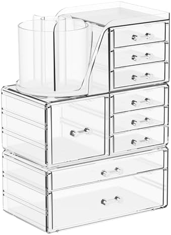 SuoXing 3 Pack Clear Acrylic Makeup Organizer for Vanity With 9 Drawer, Skincare Organizers Countertop With Make up Brus
