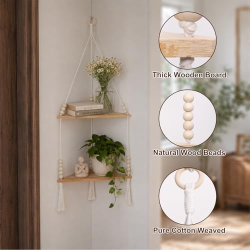 Artilady Macrame Wall Hanging Corner Shelf, Adjust Boho Storage Wall Decor