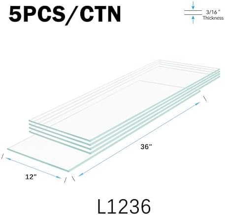 12" x 36" - 5-Pcs Tempered Glass Rectangular Shelves - 3/16" Thick - Home & Office Storage Racks