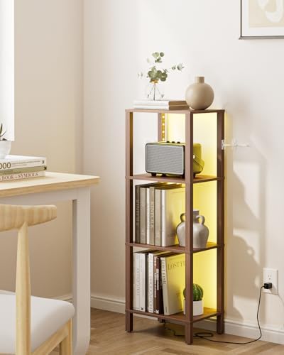 Open Book Shelf with LED Lights, 4 Tier Small Bookshelf, Freestanding Shelf Narrow Bookcase with Open Shelves, 14.96" x 