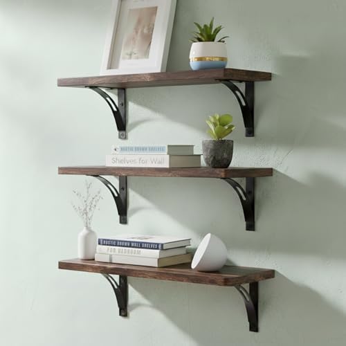Willowy Reinforced Steel Bracket Rustic Brown Shelves - Easy to Install, Template and Video Included - Deep Large Wall S