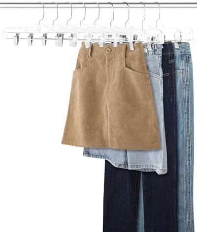 AMKUFO Pants-Hangers-with-Clips-15-Pack, 14 Inch Clear-Plastic-Skirts-Hangers-with-Adjustable-Clips for Shorts Jeans Trousers, Clothes-Hangers Non-Slip Clip-Hangers