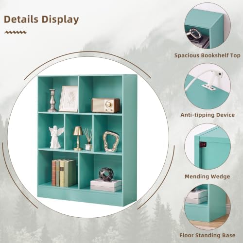 YAHARBO 3 Tier 7 Cube Mini Thin Bookshelf, Short Shallow Bookcase, Green