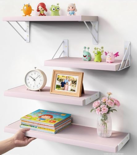 BAYKA Wall Mounted Floating Shelves (Pastel Pink, Set of 4, 16" Mixed)