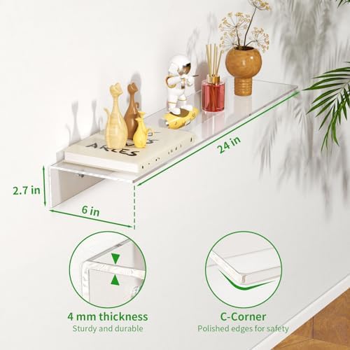 FEMELI 2 PCS 24" Acrylic Floating Shelves, Clear Shelf for Wall Display