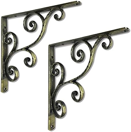 NACH Decorative Shelf Brackets, 2 Pack of 10 x 0.9 x 10 inch, Antique Brass Cast Iron Shelving Brackets - Metal Shelf Br