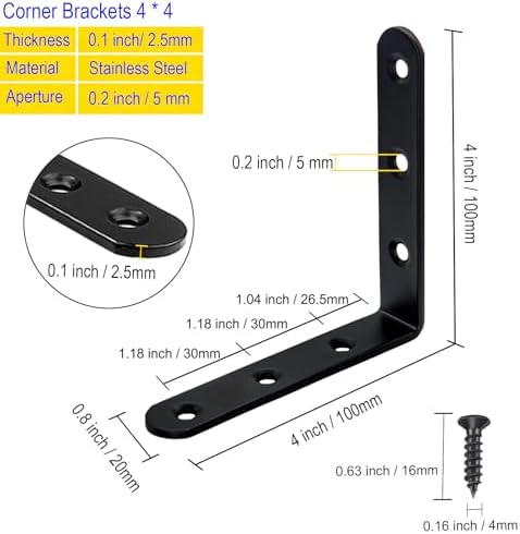 4 Pcs Black L Bracket Corner Braces Stainless Steel 4" x 4" Shelf Bracket for Wood, Shelves, Furniture, 90 Degree Suppor