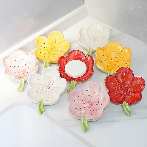 Self-Draining Soap Dish Flower Shaped Cute Shower Soap Container for Kitchen, Bathroom, Bedroom, Tulip, Red