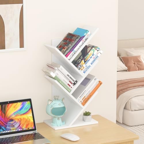 SHEEPAM Small Tree Book Shelf,5 Tier Bookshelf, Wood Desktop Bookcase