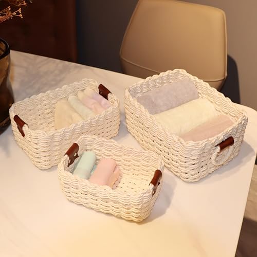 QINGTUHONE Woven Paper Rope Wicker Basket for Organizing(Set of 3,Beige)