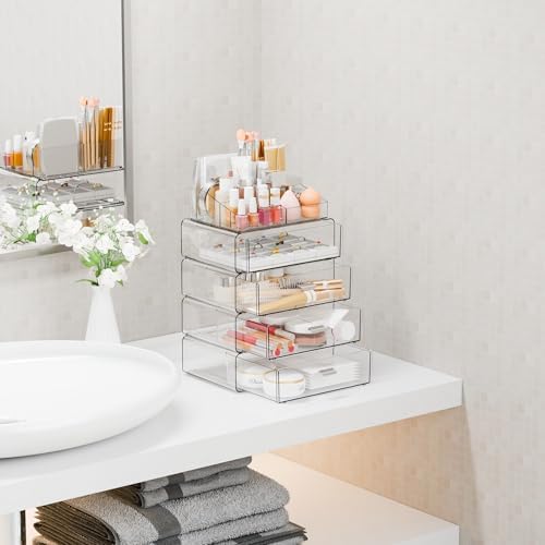 Yieach Clear Acrylic Makeup Organizers Countertop for Dresser,Desk,Bathroom Vanity,5Tier Stackable Make up Holders and M