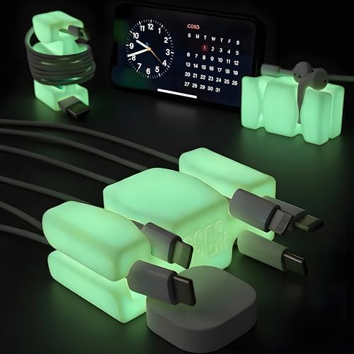 CordBrick Glowing Silicone + Steel Weighted Cable Holder for Nighstand, Cord Wrap for Travel, Unique iPhone Accessory. S