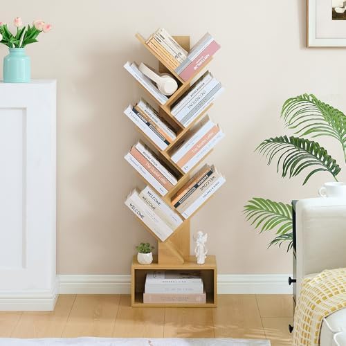 Hoctieon 9 Tier Tree Bookshelf, Tall Bookcase with Drawer, Wood Book Shelf, Modern Floor Standing Bookshelves, Book Orga