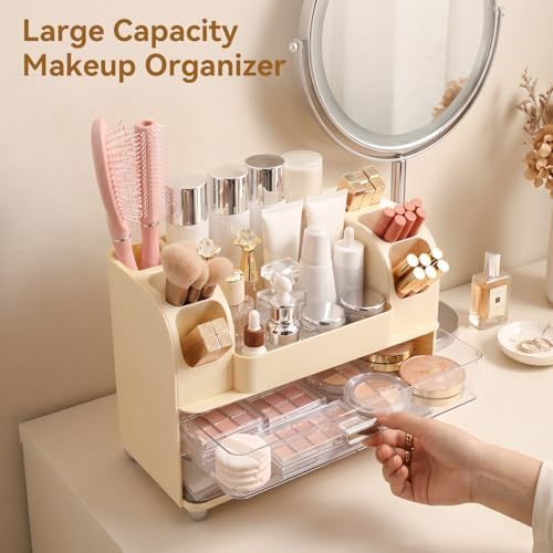 Makeup Organizer for Vanity with 2 Large Drawers and 6 Brush Holders, Cream