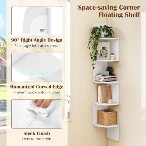 GOFLAME Corner Shelf Wall Mounted Set of 2, 5-Tier Floating Corner Bookshelf, Wood Plant Stand, Modern Floating Display 