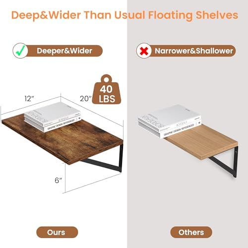 Heimlove 20W x 12D Deep Floating Shelves Set of 2 Rustic Brown