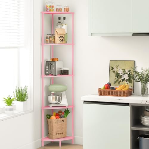 Yoobure Corner Shelf Stand, 5-Tier Bookshelf, 65" Tall Shelves for Bedroom, Living Room, Narrow Display Bookcase, Pink w