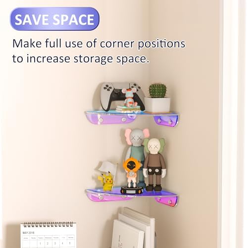 Sezanrpt 7x7 Inch Corner Shelf Wall Mount Set of 2, Iridescent Acrylic Corner Floating Shelves, Corner Wall Organizer Sh