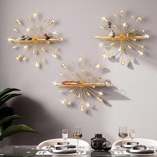 Yaocom 3 Pcs Bling Crystal Floating Shelves Metal Starbursts Wall Decor Folding Shelf Gold Corner Shelves Hanging Wall M