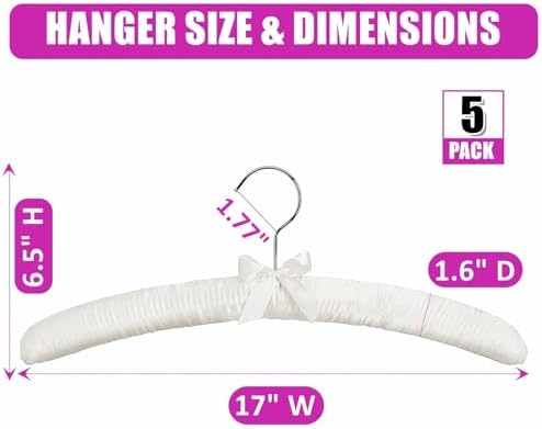 Amber Home 5 Pack Large Ivory Satin Padded Hangers for Women Clothing 17"