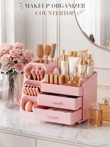 Pink Makeup Organizer with Drawer for Bathroom Countertop Dresser Desk